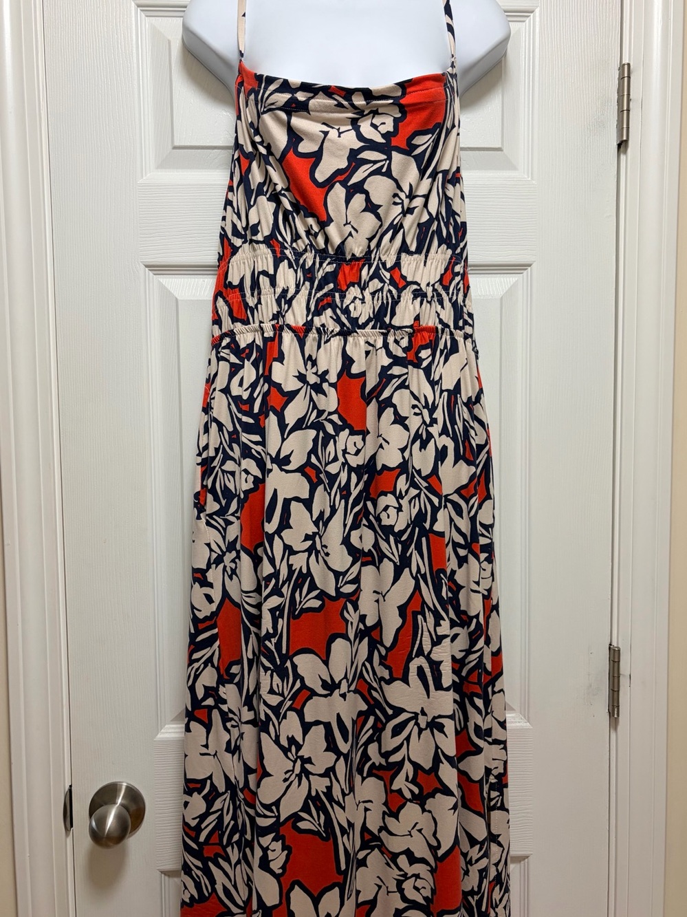 Floral Print Tiered Maxi Dress in Cream, Navy & Red